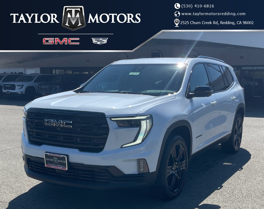 2026 GMC Acadia Elevation in Glacier White Tricoat — front three-quarter view