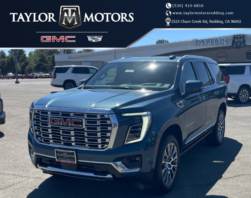 2026 GMC Yukon Denali in Downpour Metallic — front three-quarter view